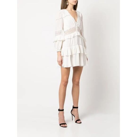 EUC Cinq à Sept Sanya Dress Ivory 100% Silk Tiered Mini Dress Size 6 Ruffle Lace - Picture 11 of 16